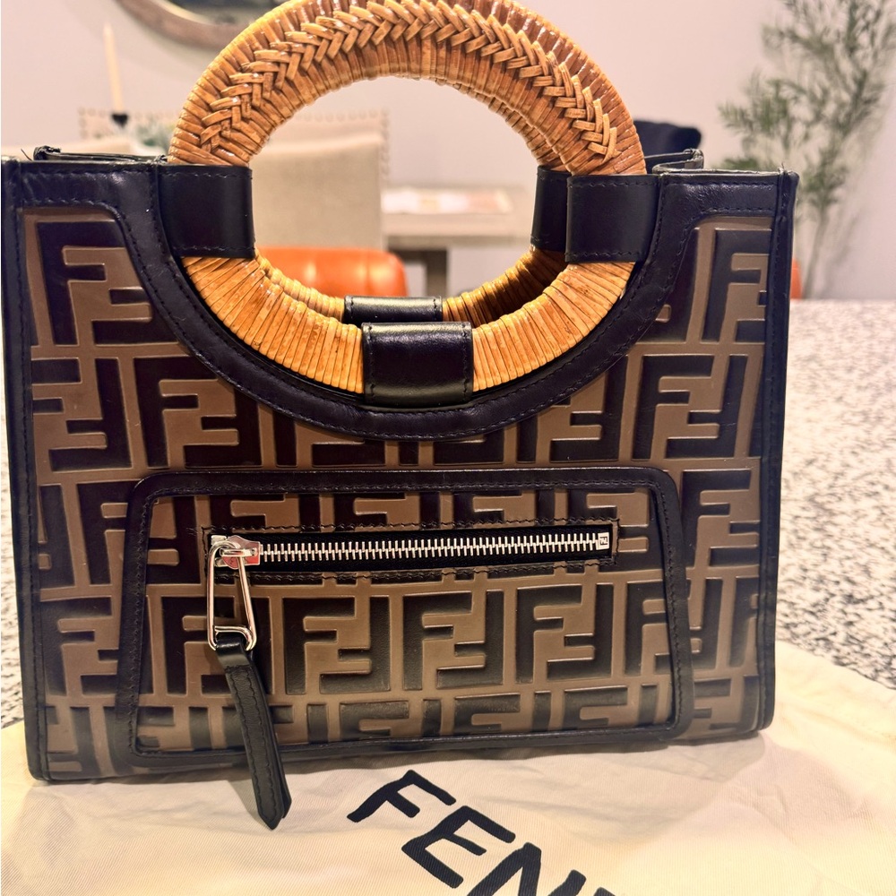 Fendi brown/black leather bag with bamboo tophandle.